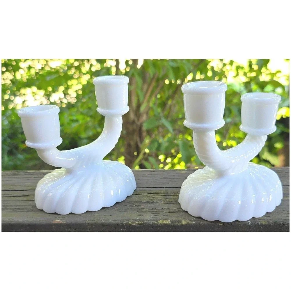 Fenton Vintage Milk Glass Double Candlestick Holder Swirl Ribbed Pattern Set